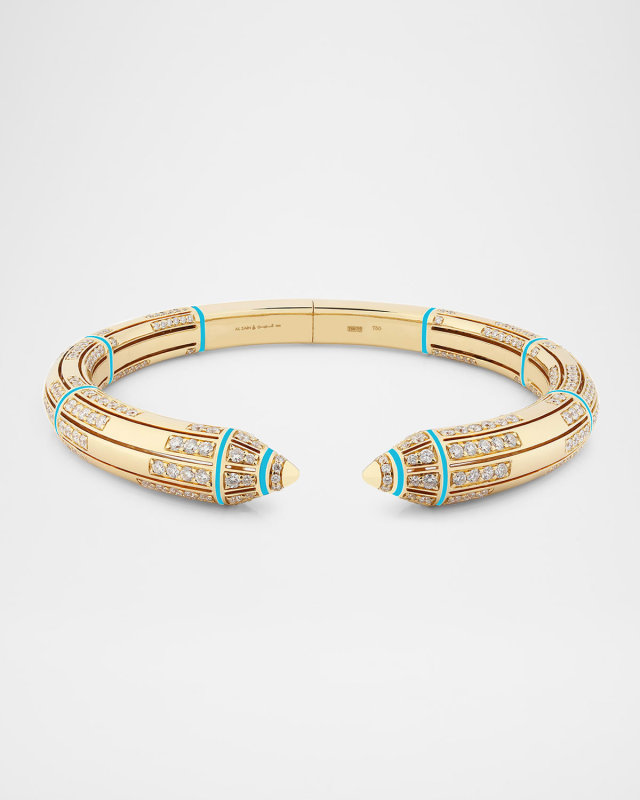 18K Yellow Gold Woven Bangle Bracelet with Turquoise HyCeram and Diamonds